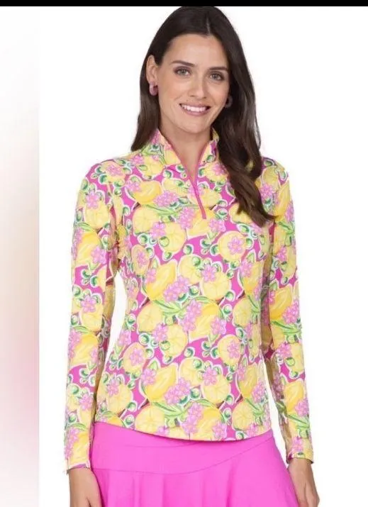 IBkul athletic top lemon novelty print long sleeve 1/4 zip up women small NWT Yellow - Image 3