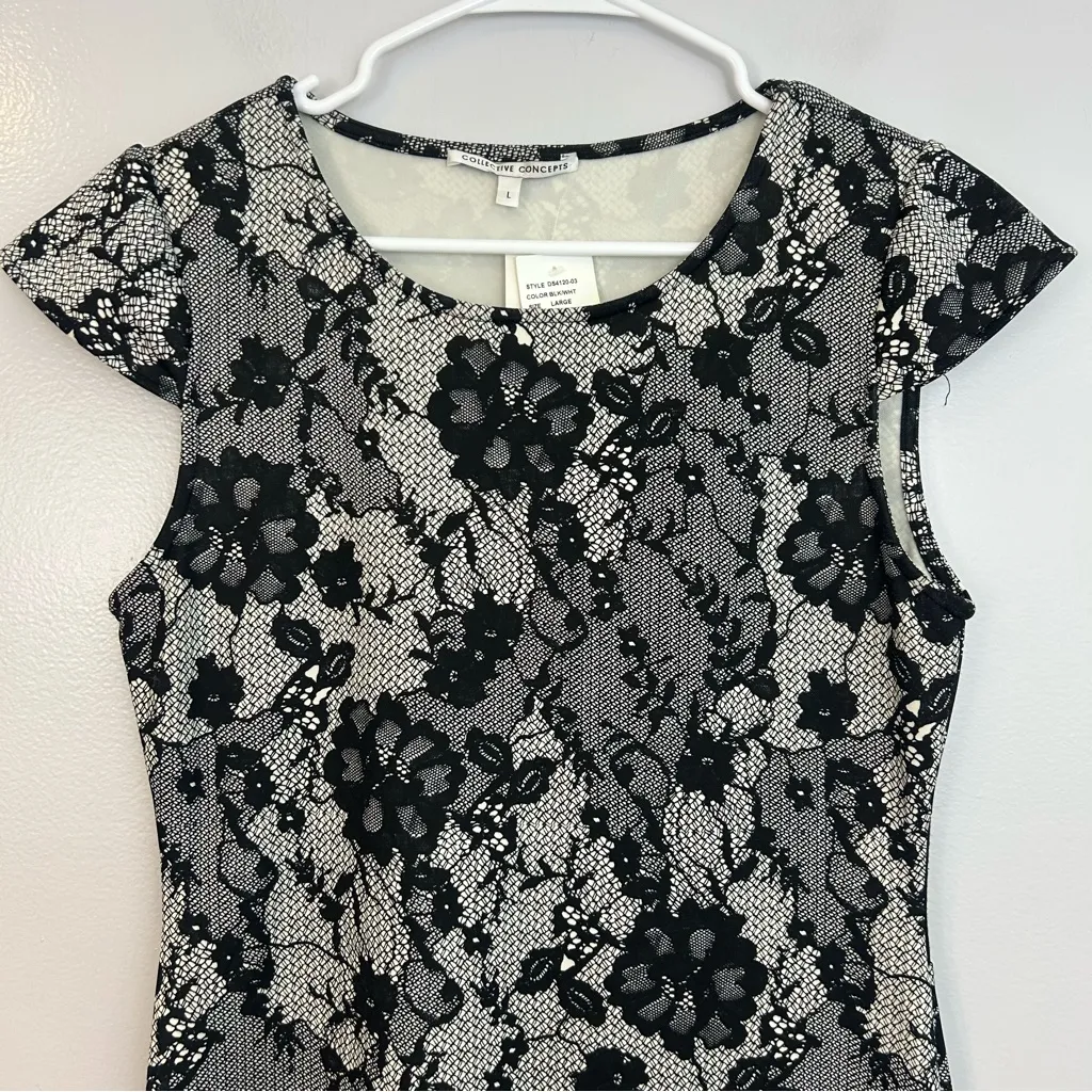 NWT Collective Concepts Black/White Lace Illusion Cap Sleeve Sheath Dress Large - Image 2