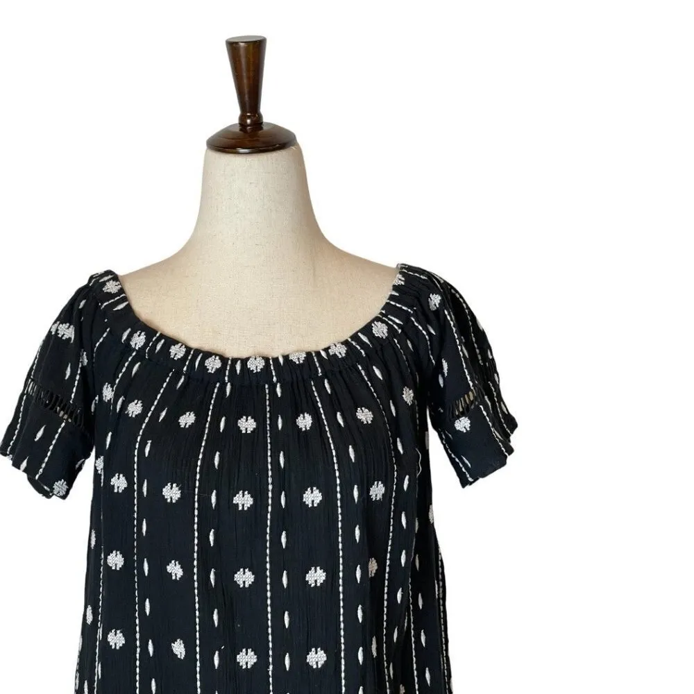 Topshop Black And White Embroidered‎ Off The Shoulder Flowy Tunic Mini Dress 2 - Image 3