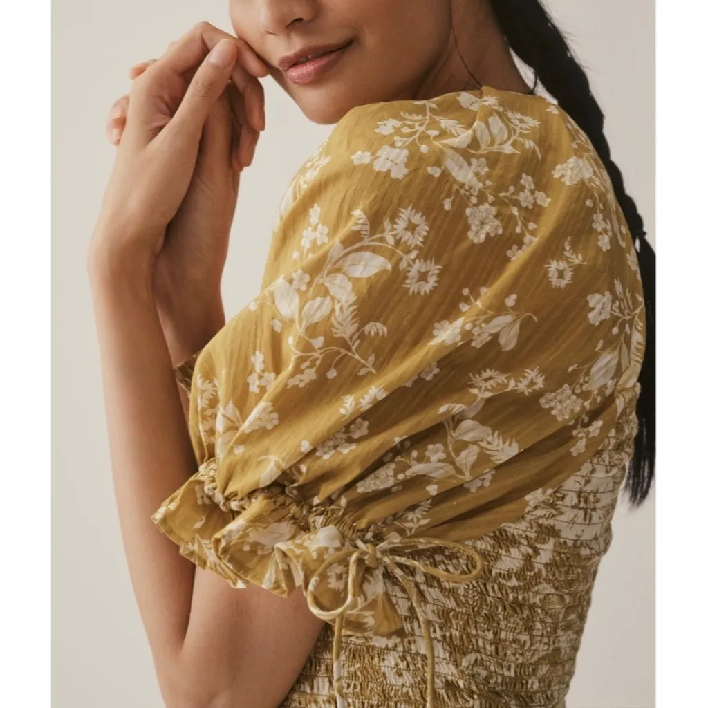 Anthropologie Seersucker Smocked Puff-Sleeve Crop Top Size L Chartreuse Floral - Image 6