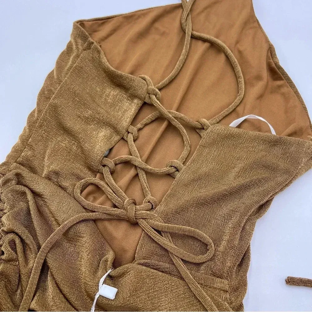 Rumor Gold Rushed Bodycon Dress size 6 Lace Up Back - Image 4