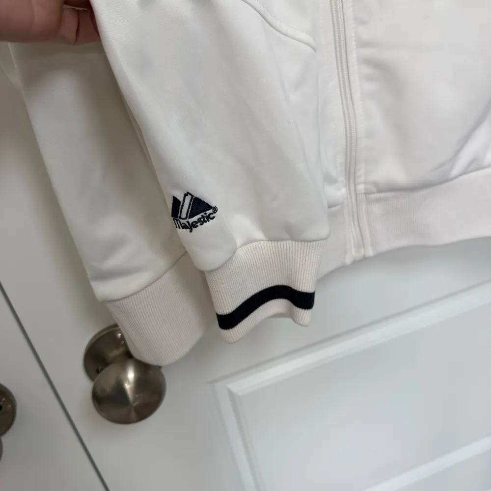 Majestic Varsity Jacket White Black with Stand-Up Collar and Emblem - Image 4