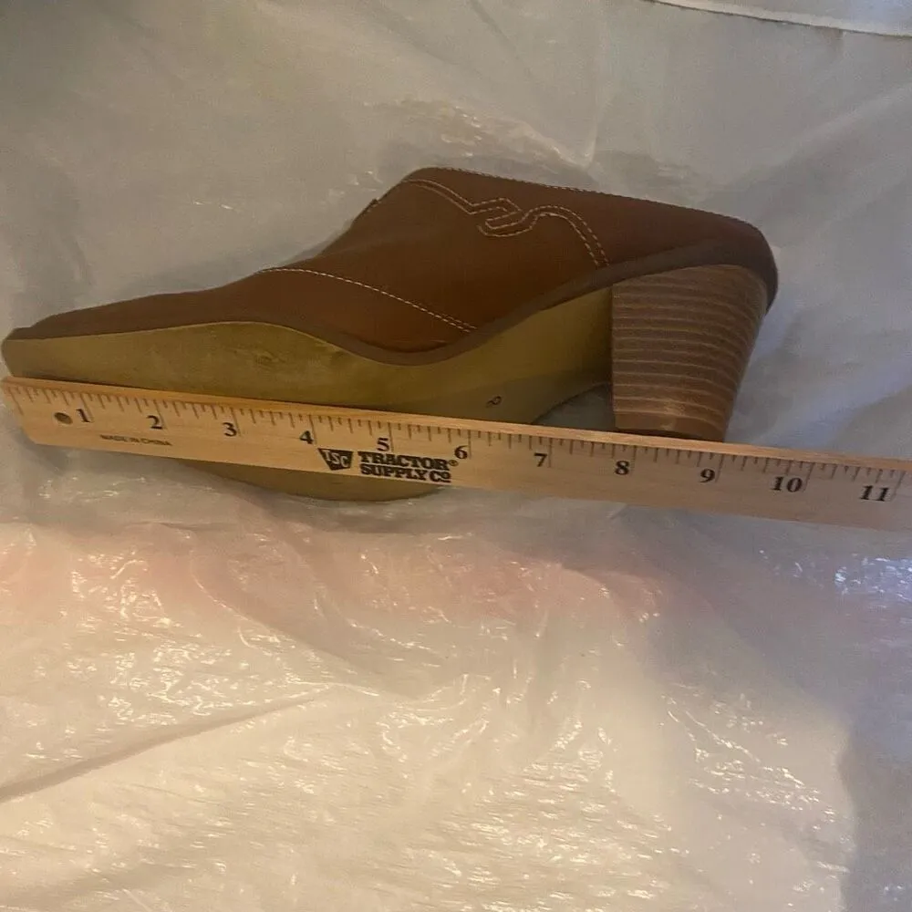 Leather Western Booties Clogs Mules 3 Inch Heels Brown Size‎ 8 Top Stitching Tan - Image 5