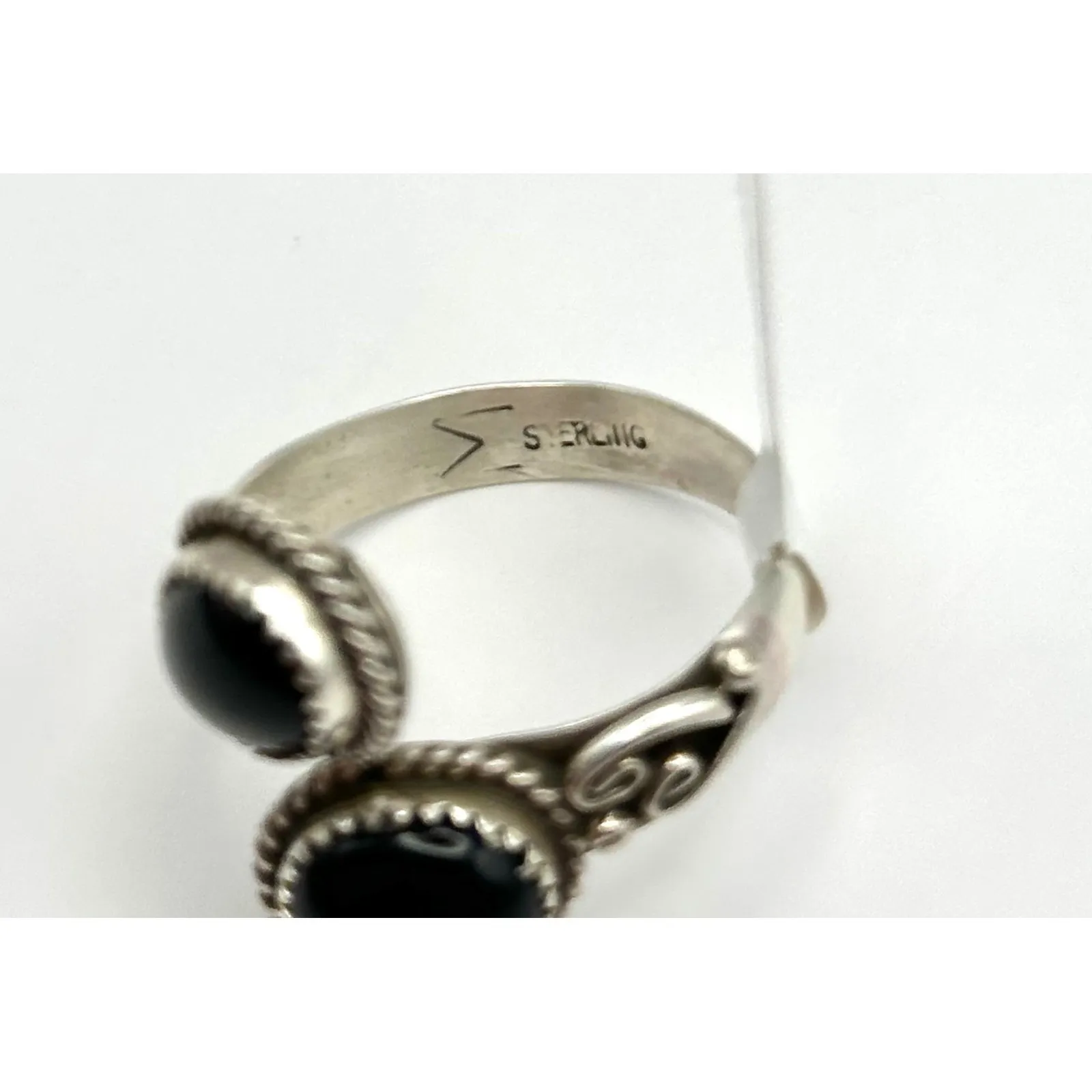 Native American Black Onyx Bypass Adjustable Sterling Silver Ring - Image 4