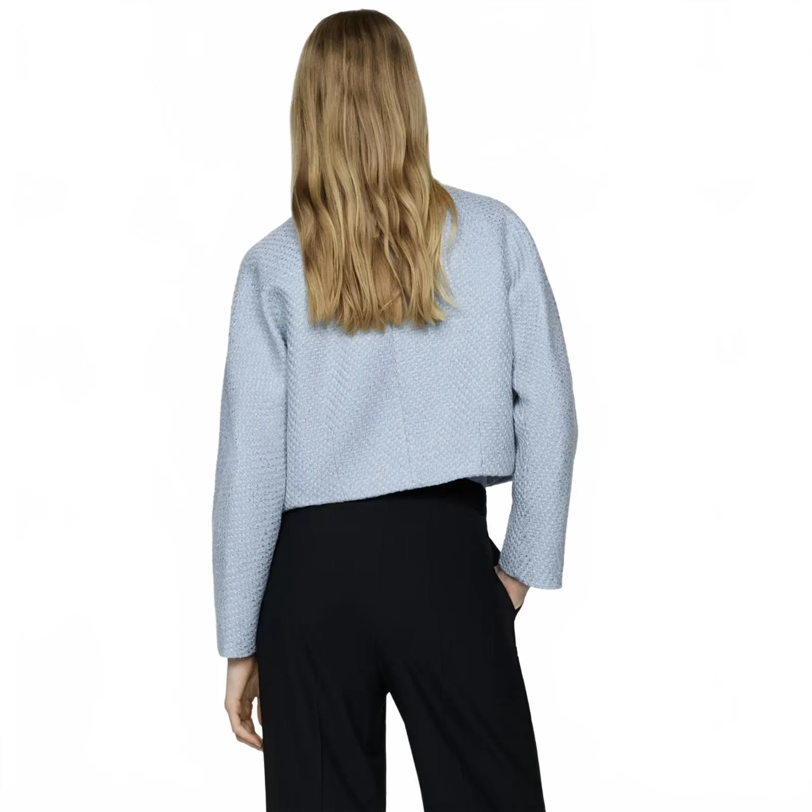 Mango  Cropped Tweed Jacket with Pockets Sky Blue Size XXL - Image 5