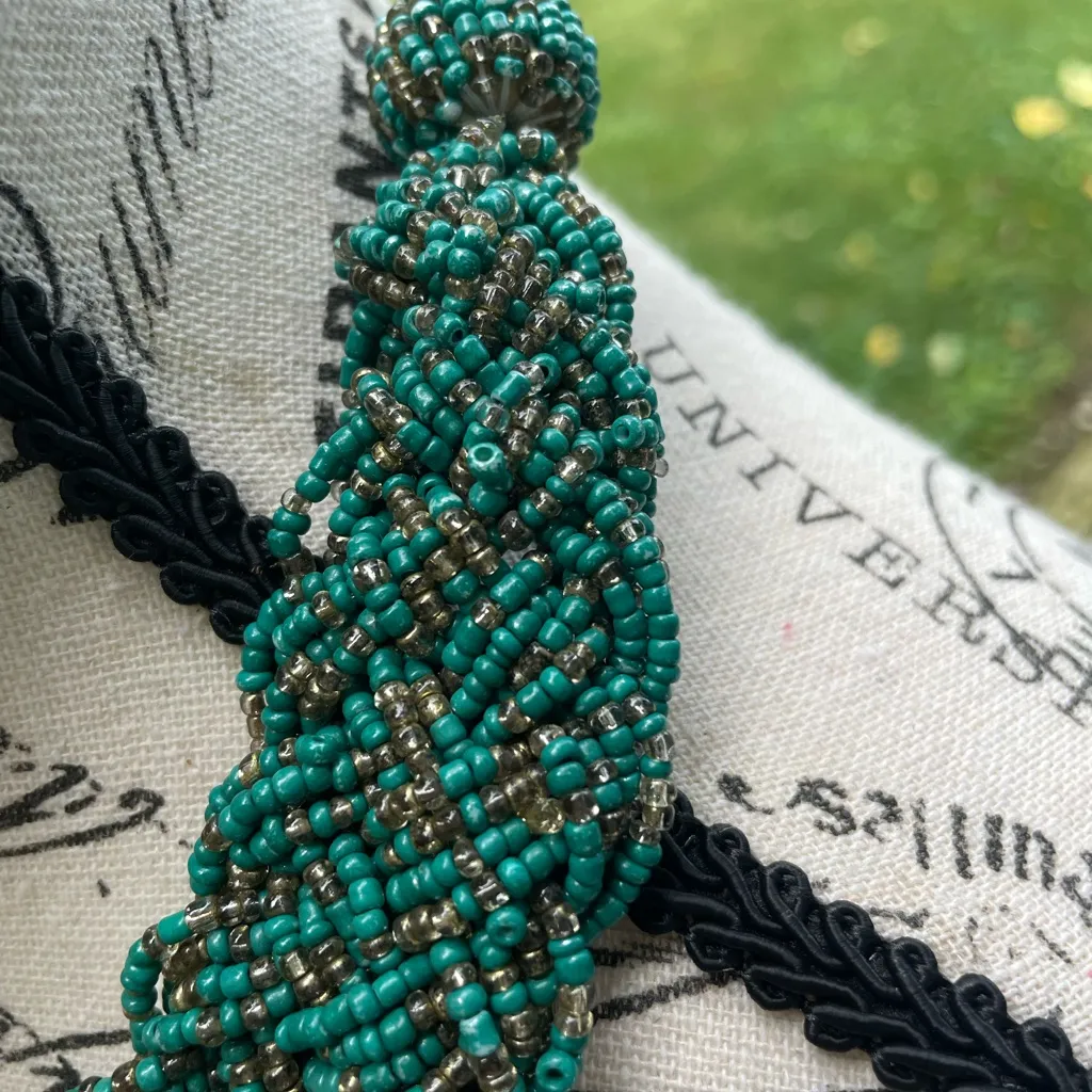 Vintage Woven Turquoise and Grey Beaded‎ Statement Bib Necklace - Image 2