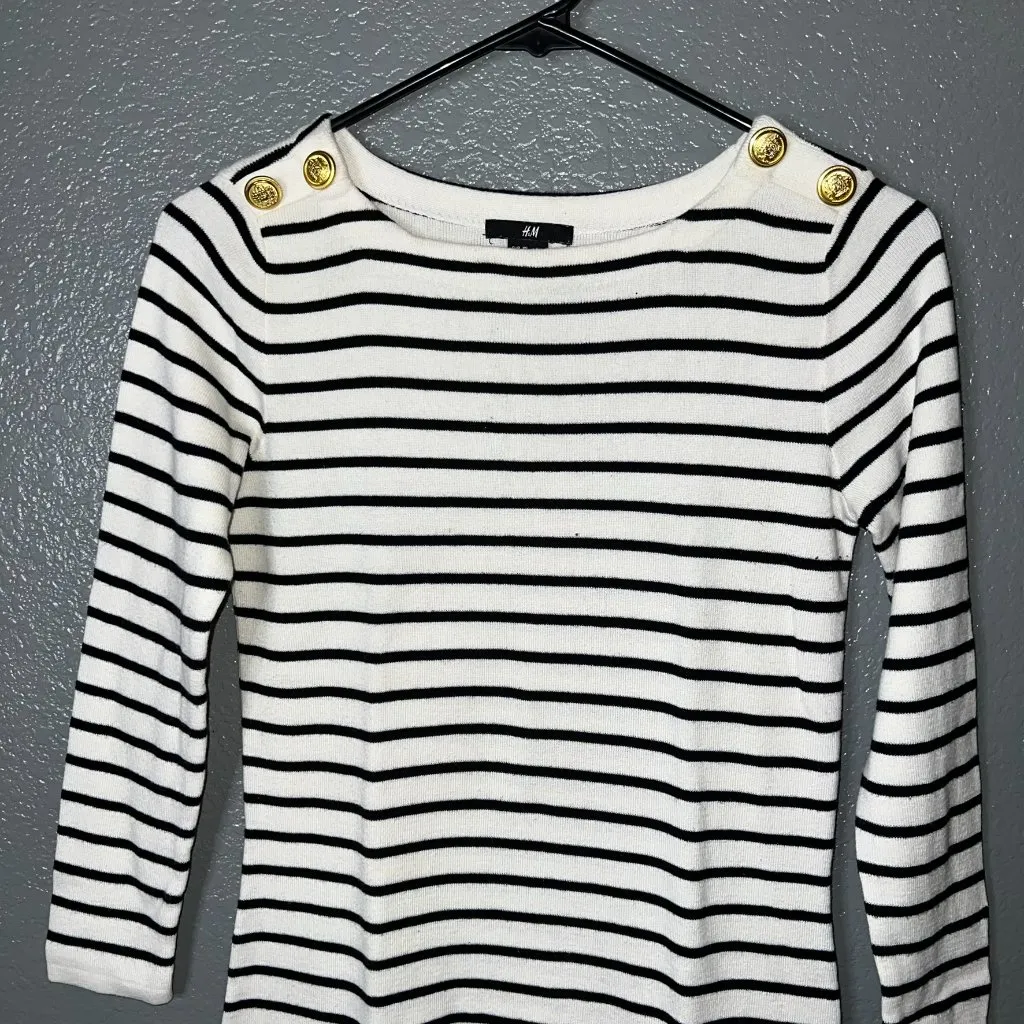 H&M Parisian Chic Striped Sweater Dress Size XS | Breton Nautical Gold Button - Image 2