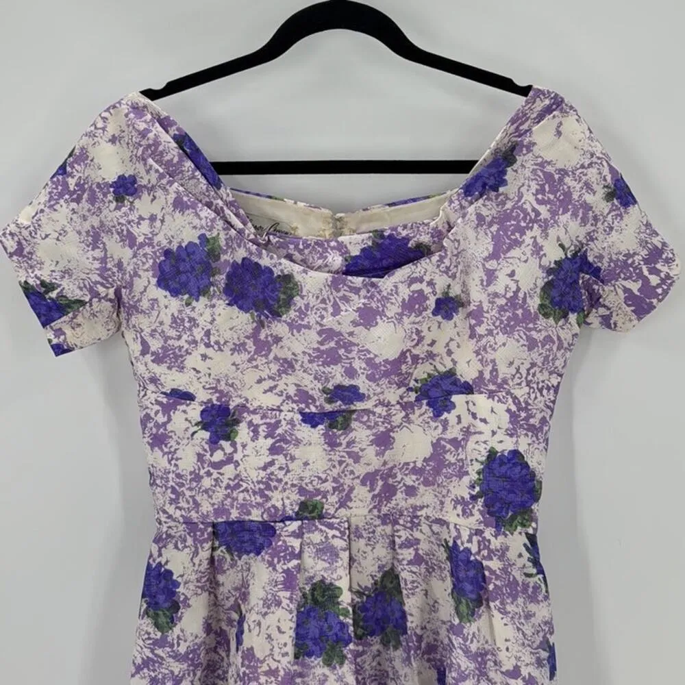 Vintage Eleanor Green 50s purple floral dress rockabilly cottagecore classic Size M - Image 3