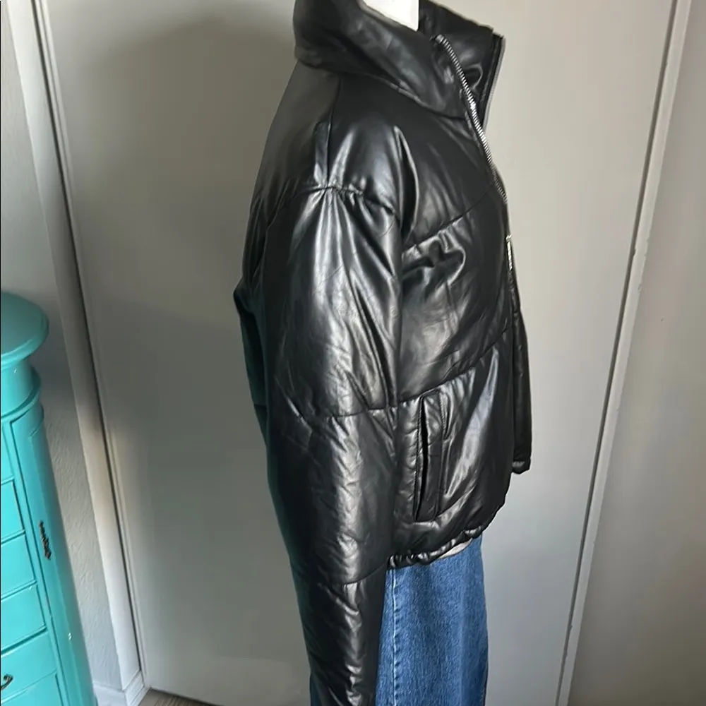 Black Puffer Full Zip Funnel Neck Cold Weather Outdoor Vegan Leather Jacket Size M - Image 6
