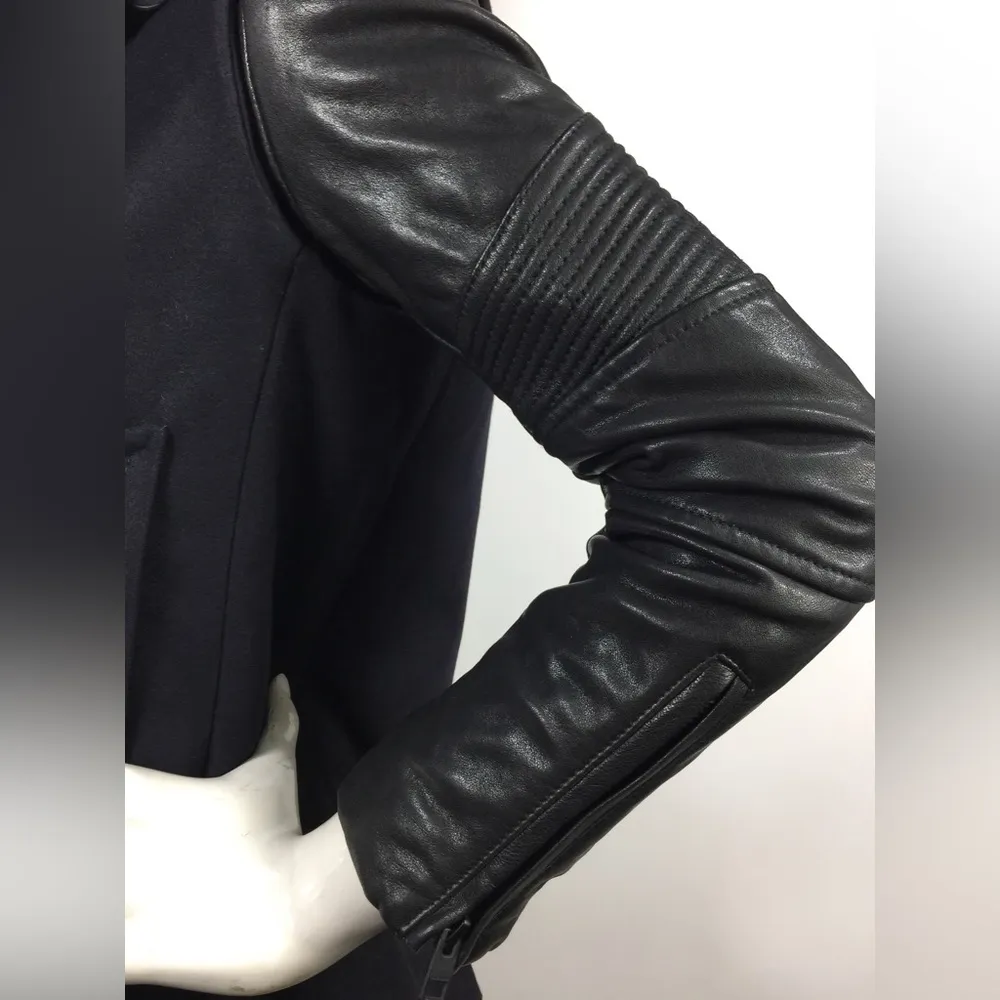 All Saints Zaskia Pea Coat Navy Wool Black Leather
Sleeves Double Breasted - Image 6