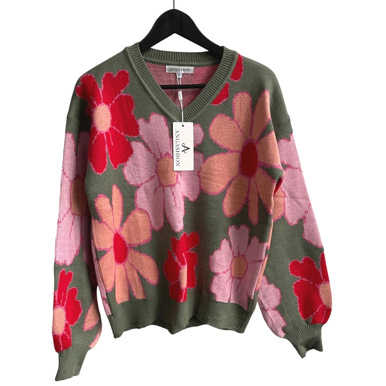 ANGASHION Women's Green Floral V Neck Long Sleeve Knit Sweater Size Small NWT - Image 2