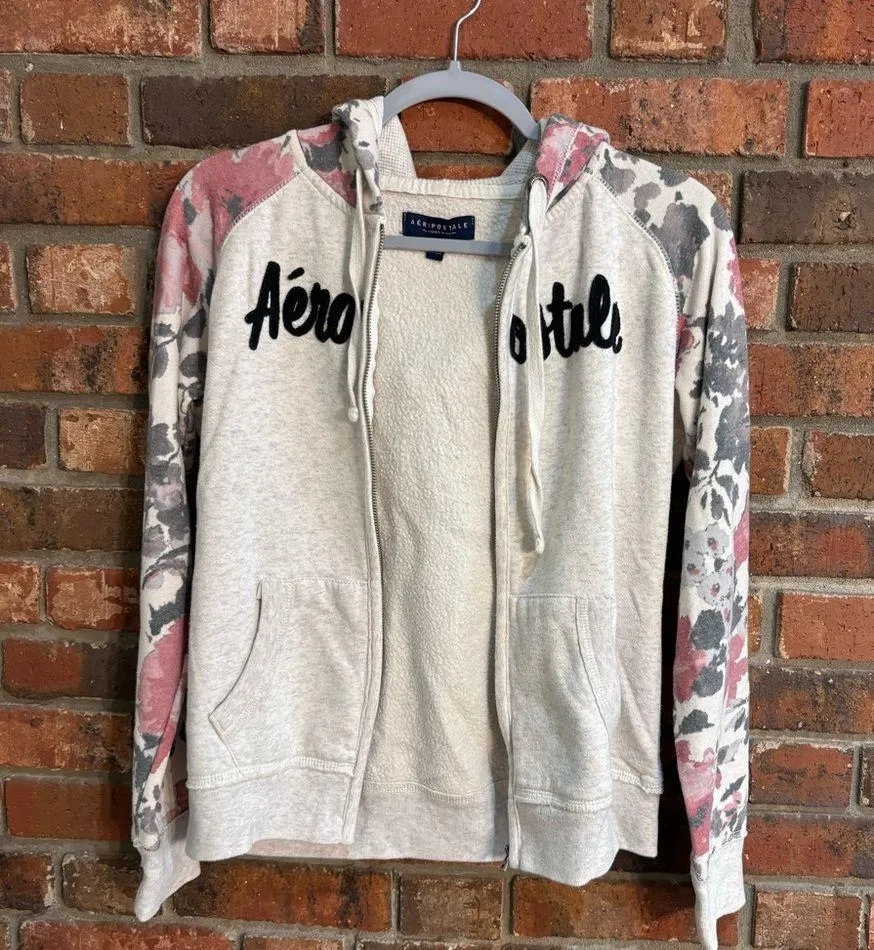 Aeropostale womens floral hooded zip up y2k jacket cream small - Image 4