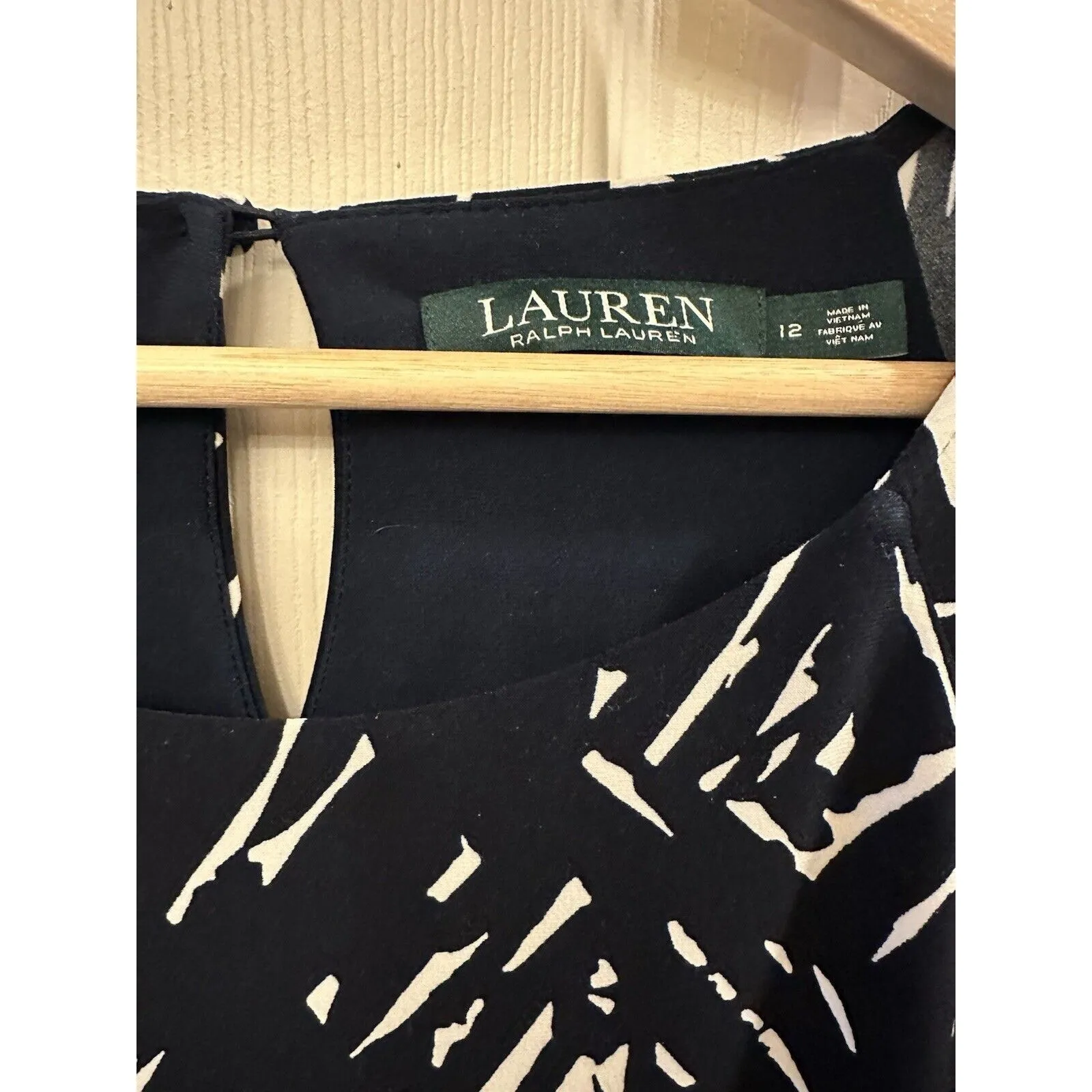 LAUREN RALPH LAUREN Navy Blue White Geometric Size 12 Long Sleeved‎ Lined Dress - Image 2