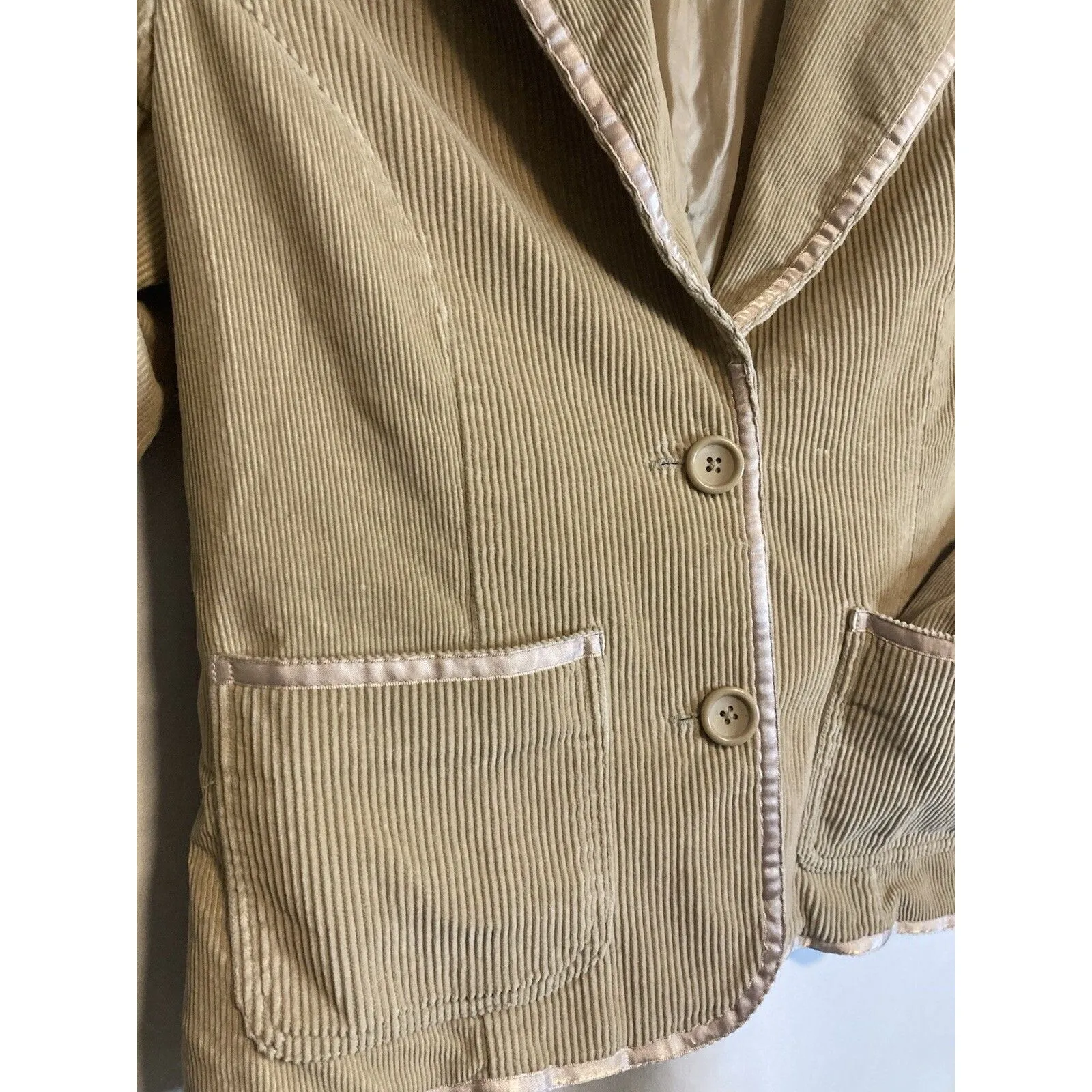 Y2K Beige Corduroy Jacket Blazer M Satin Trim Light Academia 70s Career Classic Tan Size M - Image 2