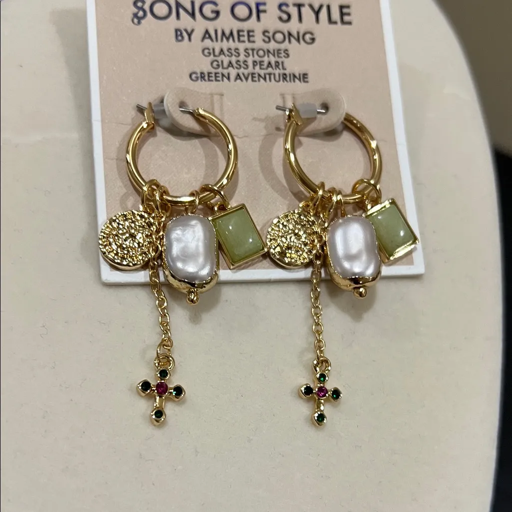 Song of Style Gold and Cream Earrings with Green Accents - Image 3