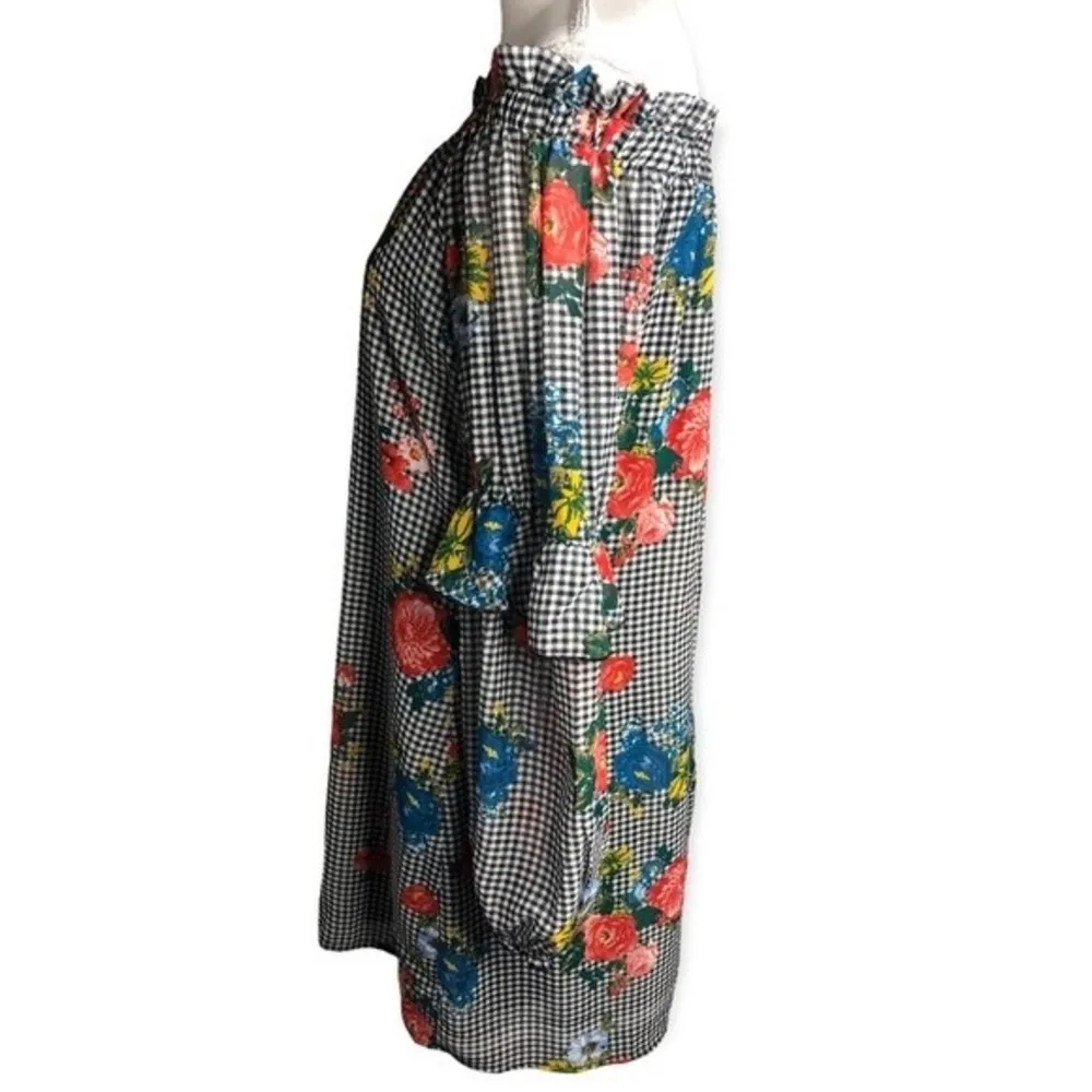 Eyeshadow Plaid Floral Long Sleeve Off-shoulder Ruffle Dress - Image 38