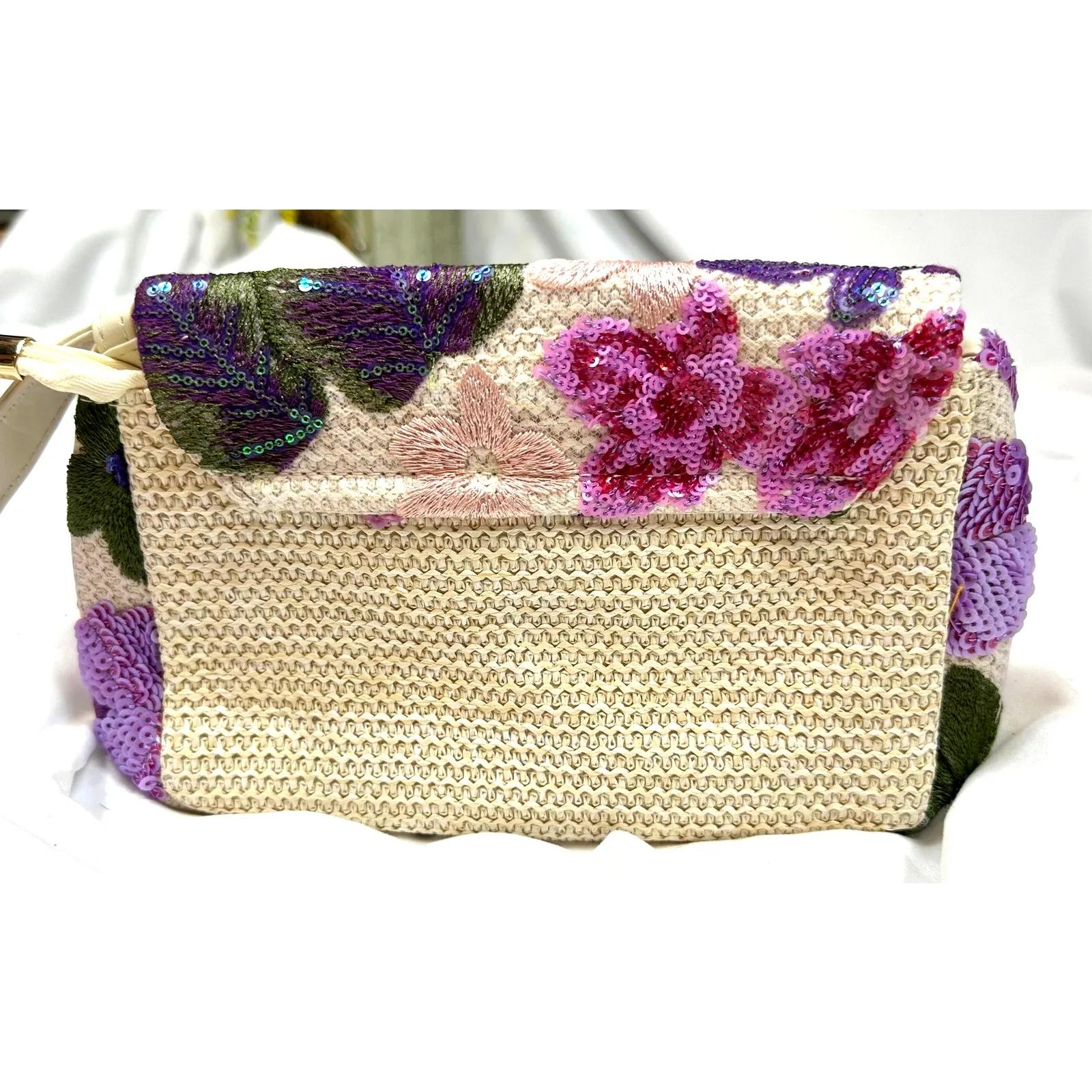 8 Other Reasons Floral Sequined Clutch/Shoulder Bag Purple Pink Green - Image 10