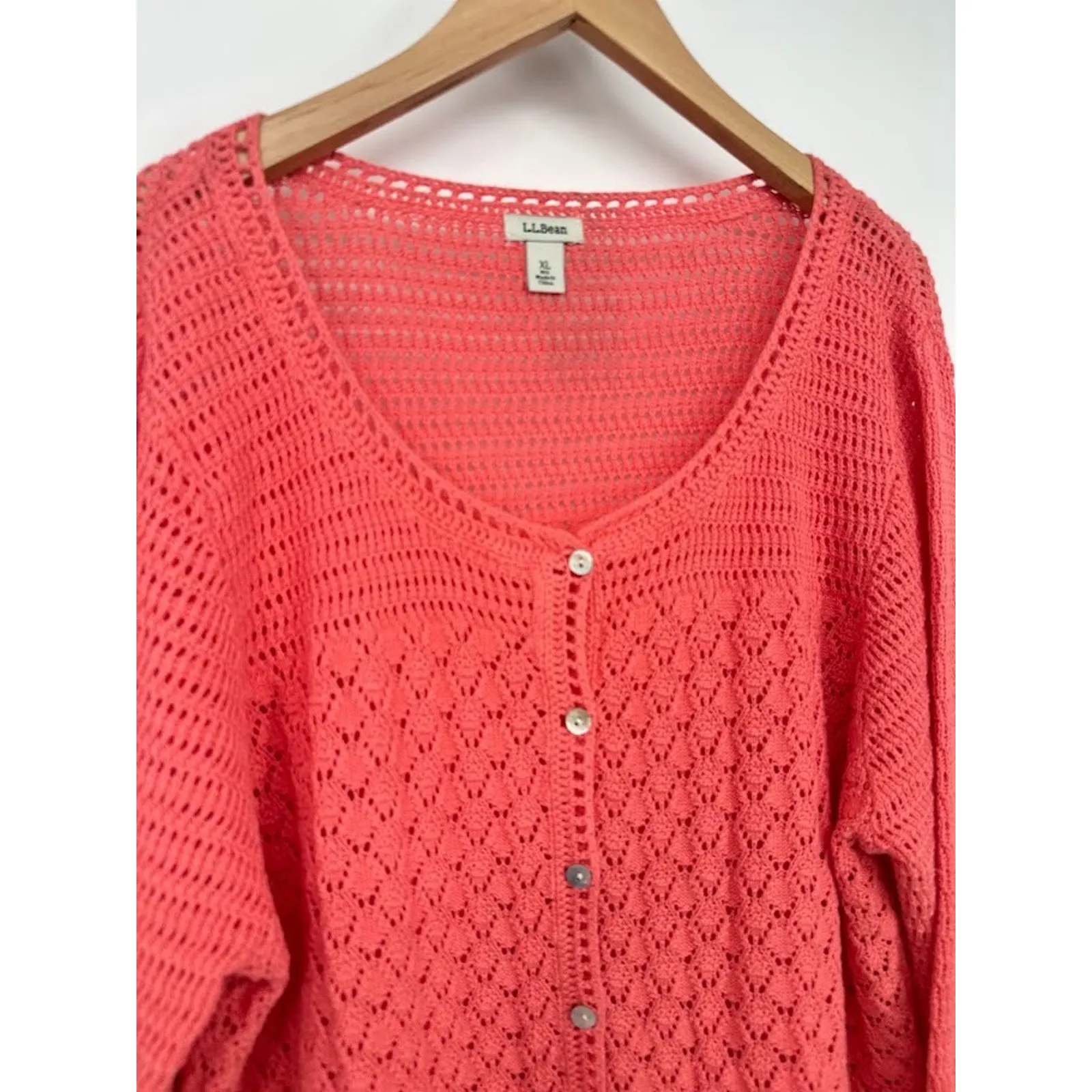 LL Bean Sweater Womens XL Pink Crochet Linen Blend Grandma Cottage Cardigan - Image 3