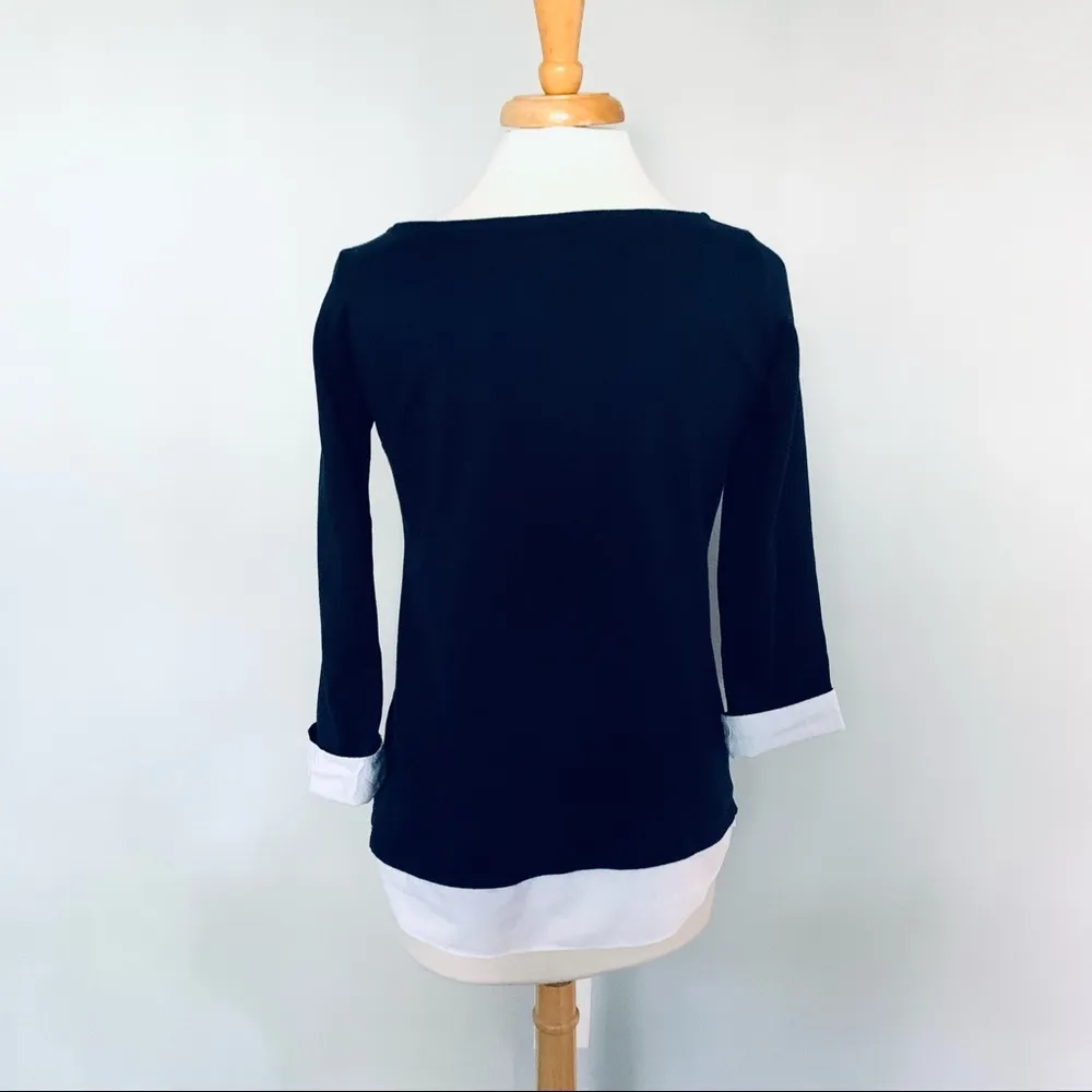 Loft  Navy Blue Pullover Sweater with Faux White Shirt Sz M Petite - Image 5