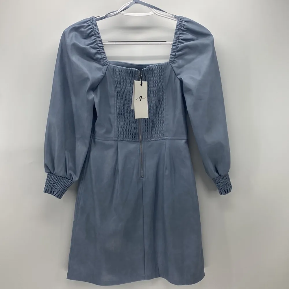 7 For All Mankind faux leather puff sleeve square neck ruched zipper back blue - Image 6