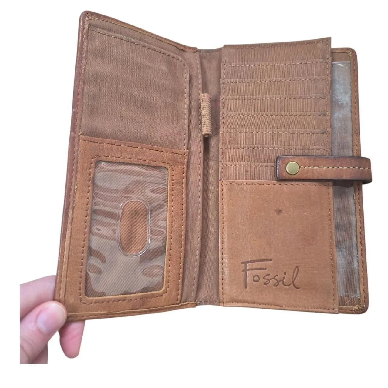Fossil Vintage Brown Leather Patchwork Checkbook Wallet Snap Closure - Image 3