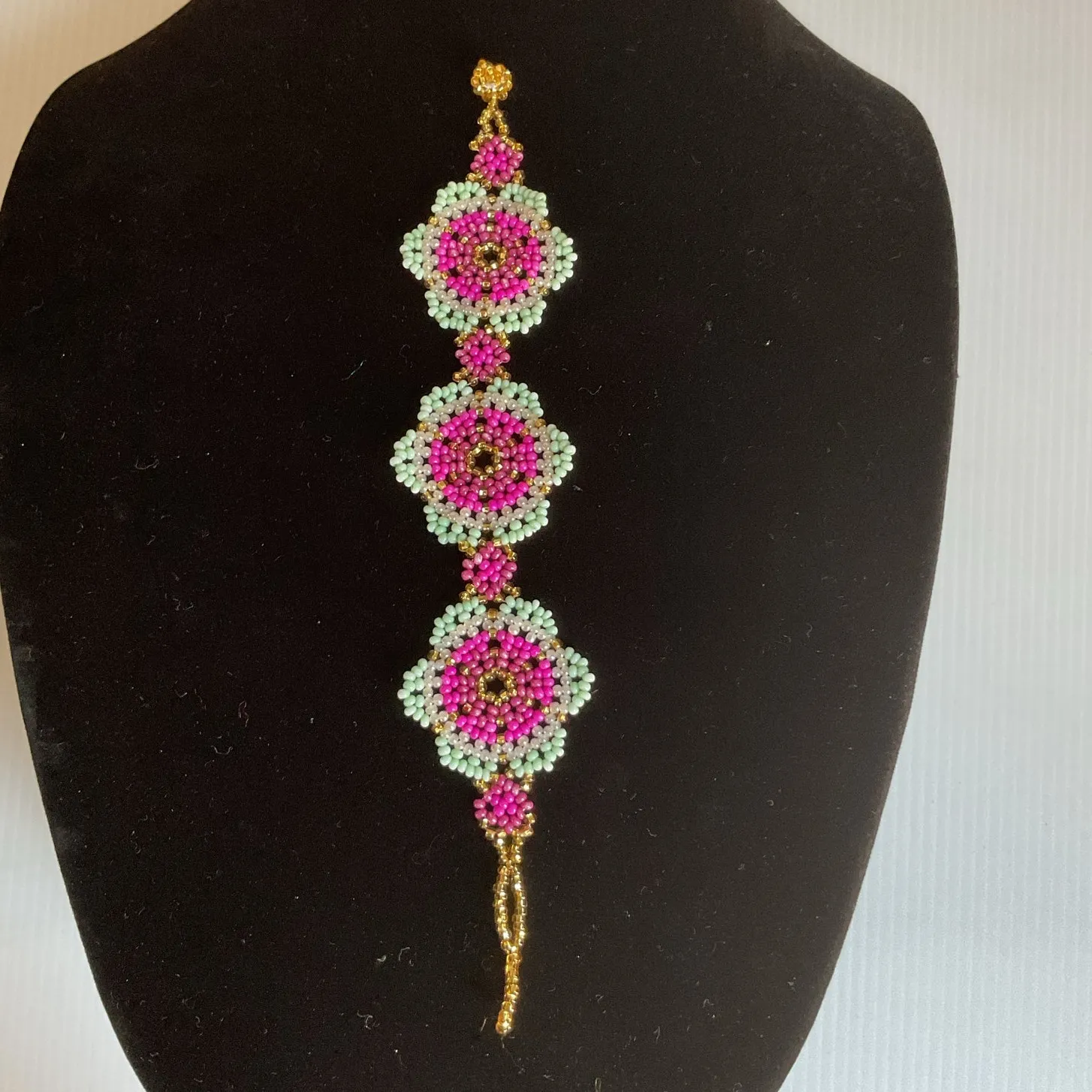 Handmade Beaded Bracelet Pink & Mint Floral Design Huichol Style Artisan New - Image 3