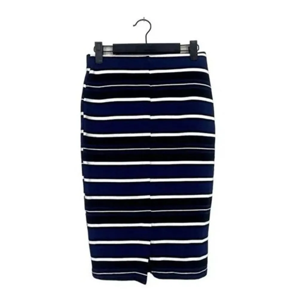 Zara Stripe Ribbed Knit Cotton Stretch Pencil Slit Skirt Elastic Waist S Black - Image 11