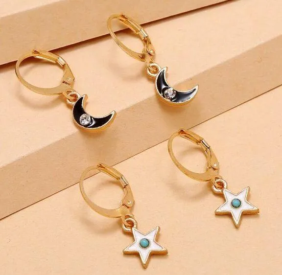 Dainty Moon Star Round Hoop Drop Earrings 2pairs Gold - Image 4