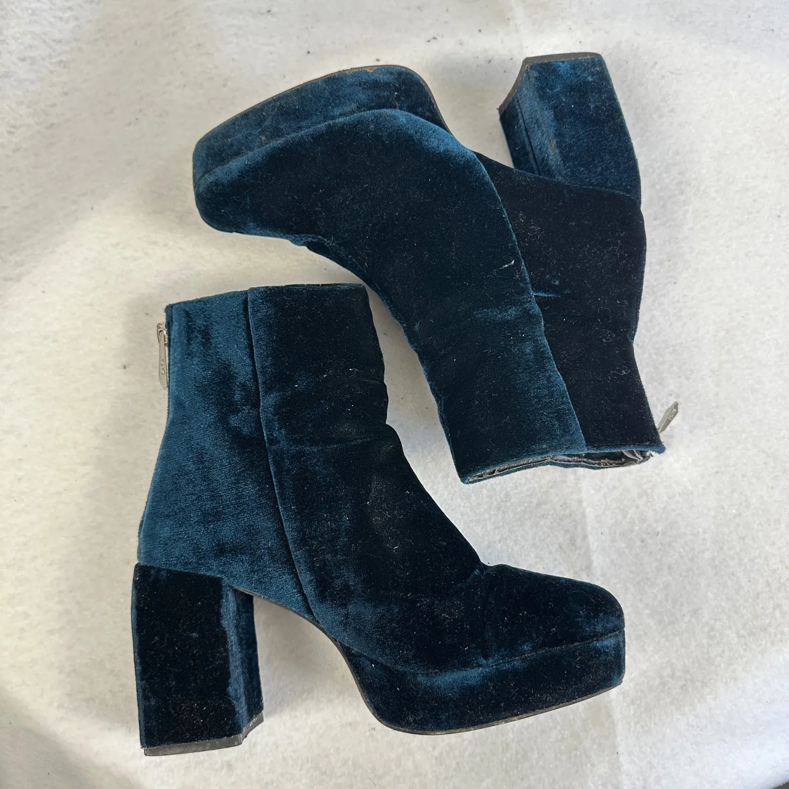 ZARA TRF Teal Velvet Platform Block Heel Ankle Boots Womens‎ 36 Goth Festival Blue Size 5 - Image 5
