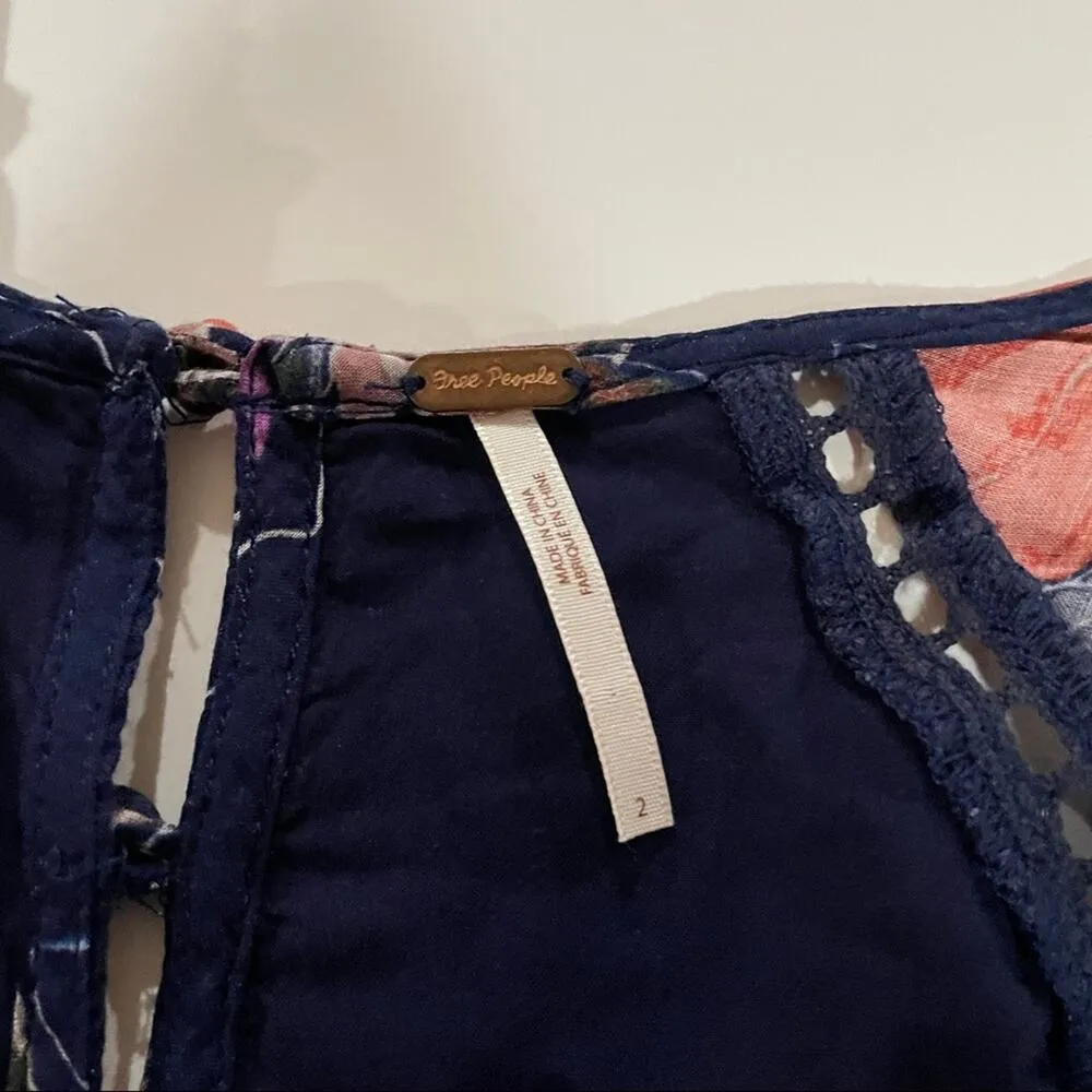 Free People All Eyes On‎ You Navy Blue & Pink Floral Mini Dress Size 2 - Image 6