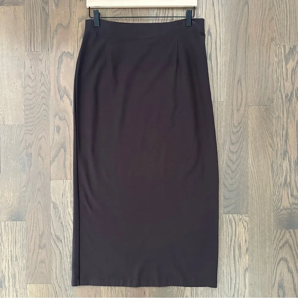 Eileen Fisher Lightweight Viscose Knit Jersey Midi Pencil Skirt in Brown Large - Image 2
