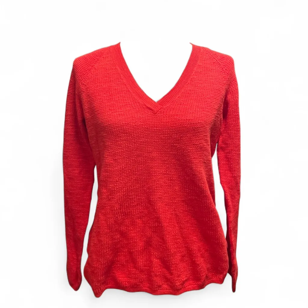 Eileen Fisher Red Orange Organic Linen Blend Vneck Lightweight Knit Sweater XS - Image 2