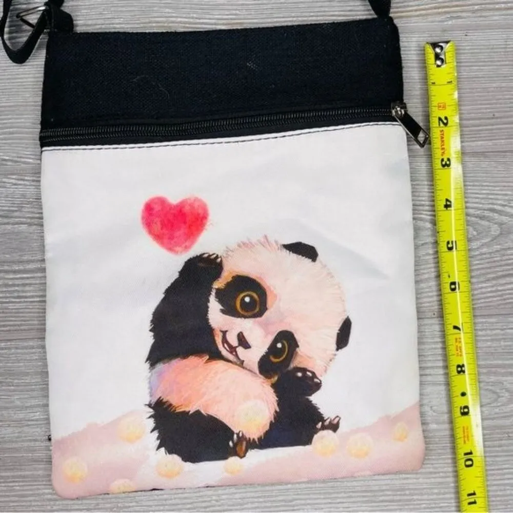 Cute panda bear cross body bag purse cloth with long strap and heart Black - Image 6