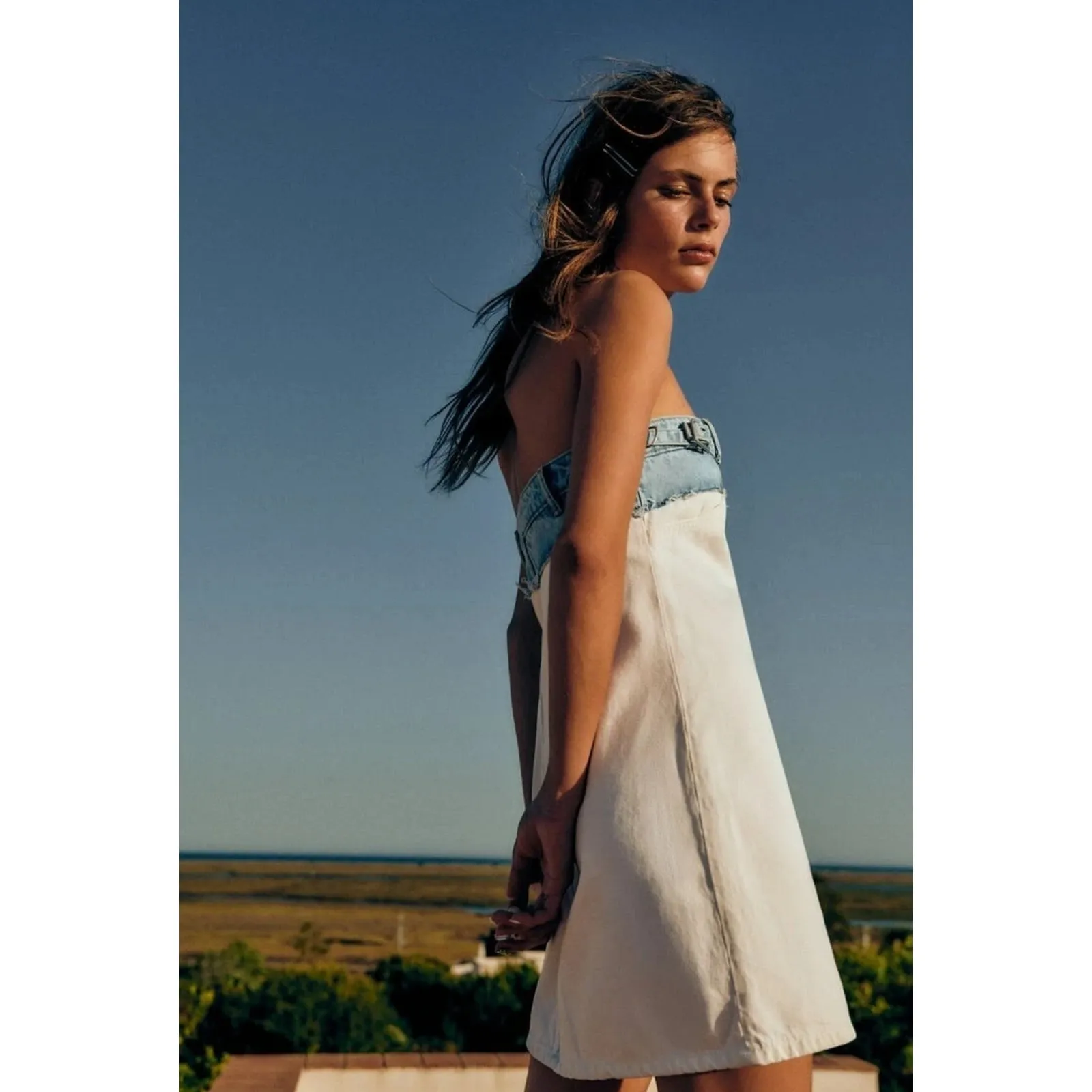 Zara Strapless Denim Mini Dress Small Blue White Raw Hem - Image 4