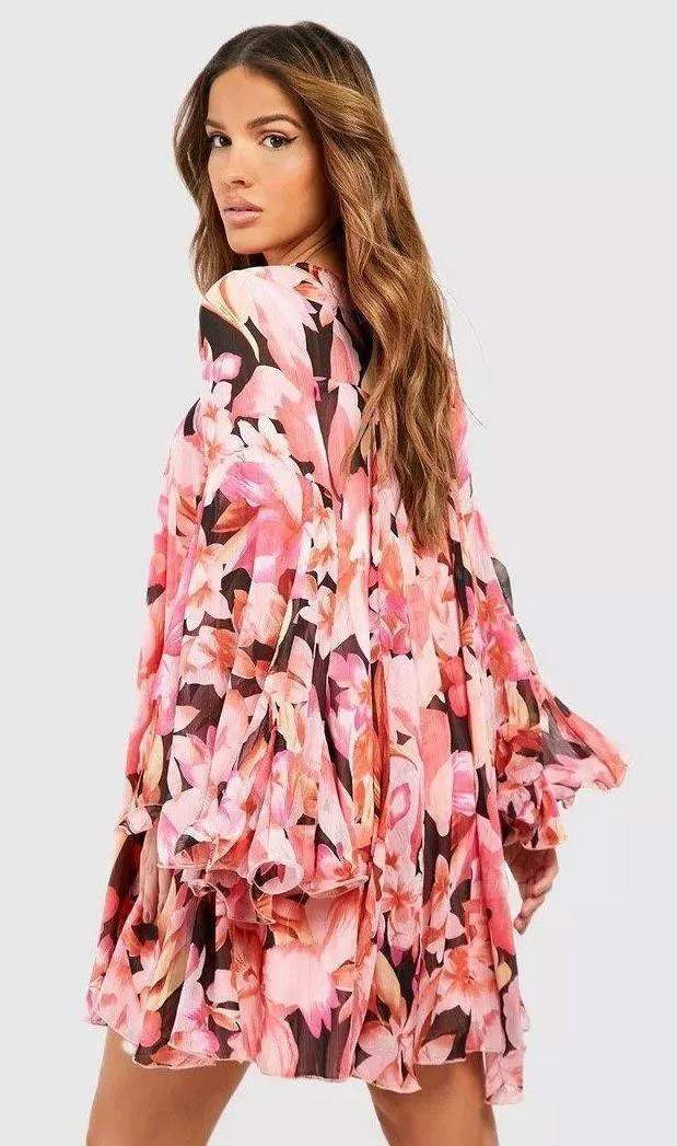 FLORAL PRINT FLARED SLEEVE SMOCK DRESS - Image 2