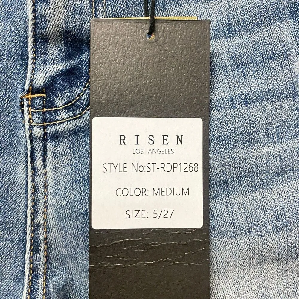 Risen High Rise Crop Flare size 5/27 Medium Wash Distressed Stretch - Image 5