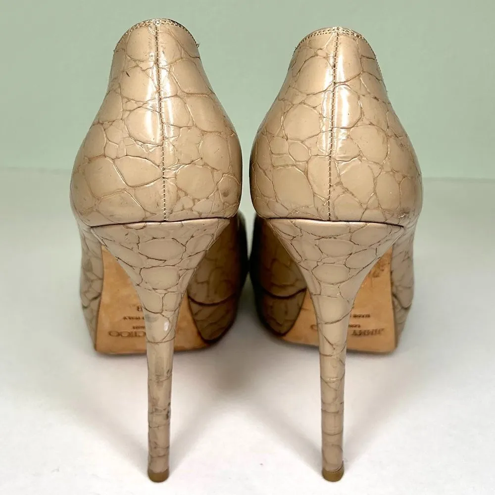 Jimmy Choo Croc Embossed Peep Toe Platform Pumps in Beige Taupe Size 37.5 - Image 4