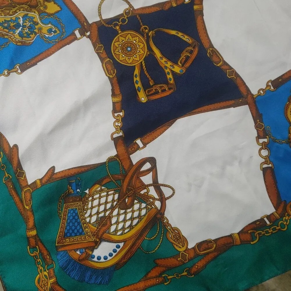 Vintage Lahmy Italian Hand Rolled Equestrian Square Scarf Green Blue White Print Size 26 - Image 8