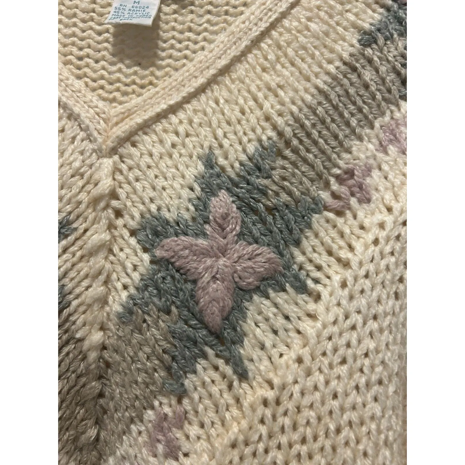 Vintage Hand Knit Sweater Women’s Medium Floral V Neck Pullover Granny Cottage - Image 3