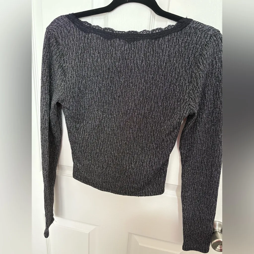 Lavender Moon Metallic Ribbed Lace Trim Long Sleeve Top Black - Image 7