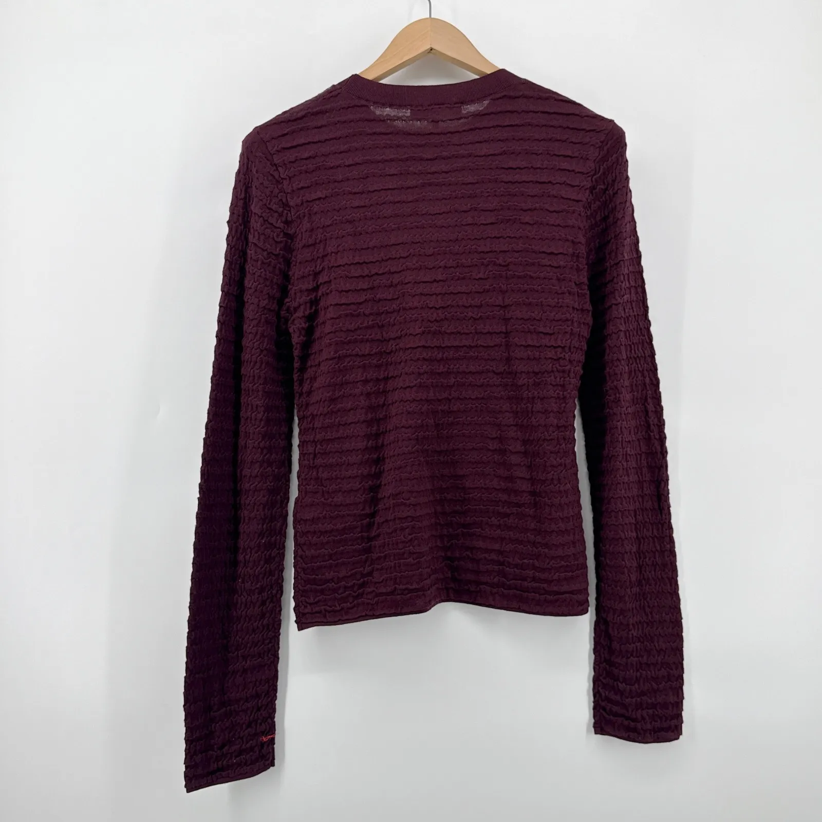 NEW NWT FRAME Womens Smocked Silk-Cotton Long Sleeve Crewneck Top Large Wine‎ - Image 6