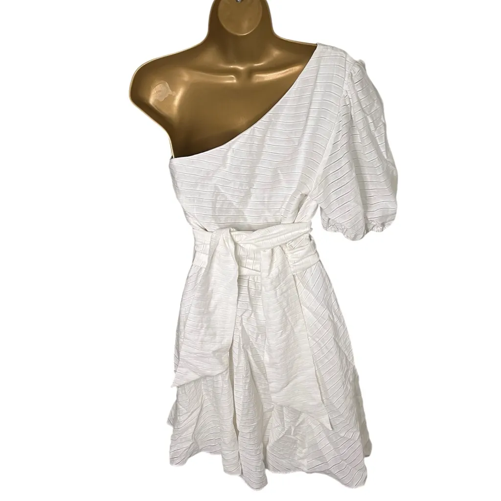 Nine West One Shoulder Belted Fit & Flare Dress Textured White M - Image 3