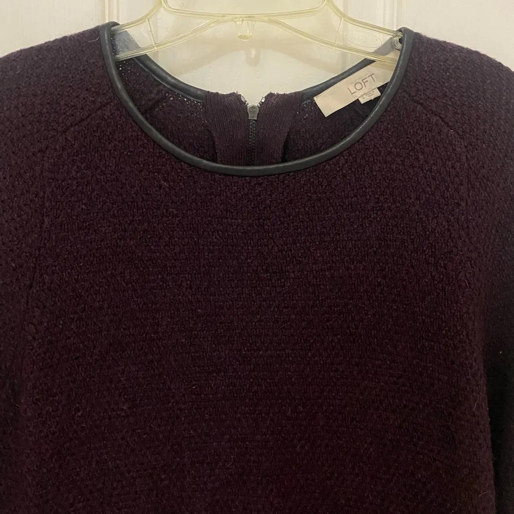 Plum Sweater Dress in Deep Purple with Leather Trim Neckline - Image 4