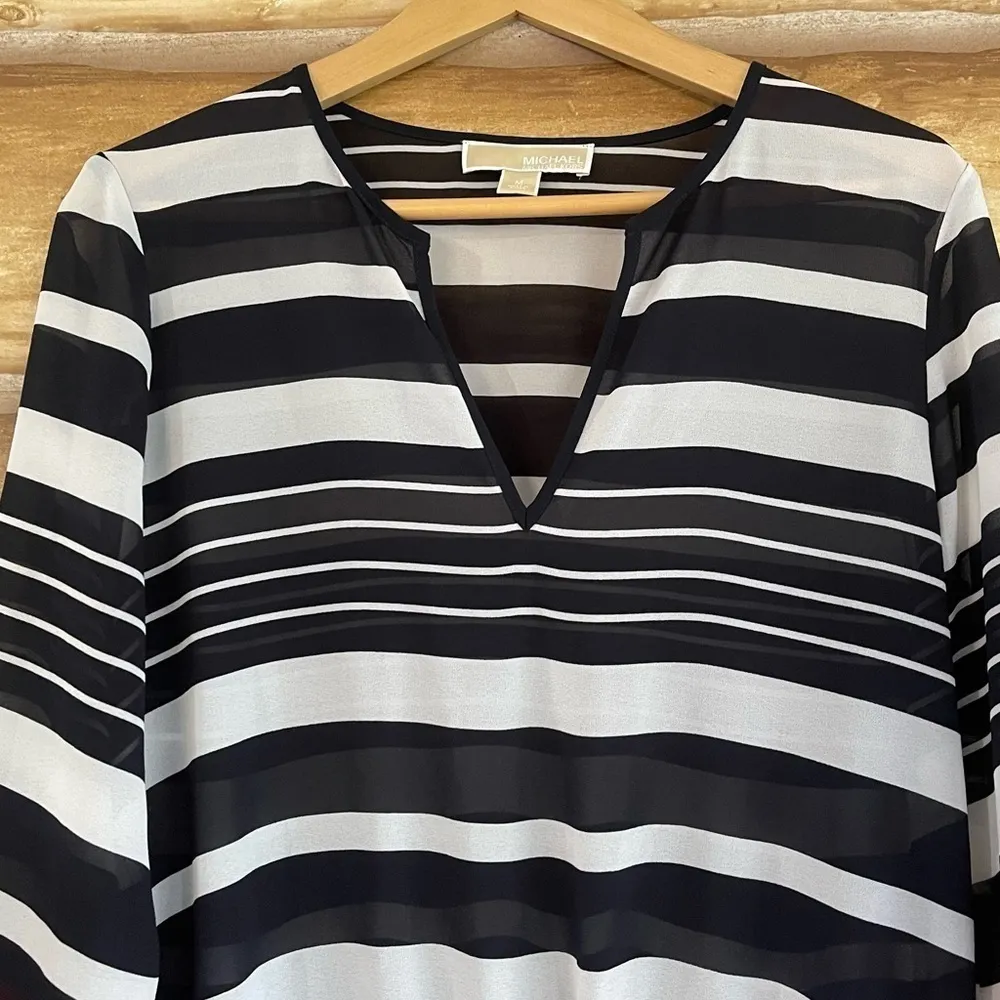 MICHAEL Michael Kors sheer striped quarter sleeve cinched waist tunic top size M - Image 3