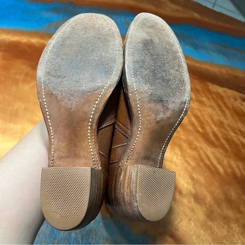 Vintage Frye Leather Tall Brown Heeled Boots Made in USA Size 8 pull on 70s boho - Image 6