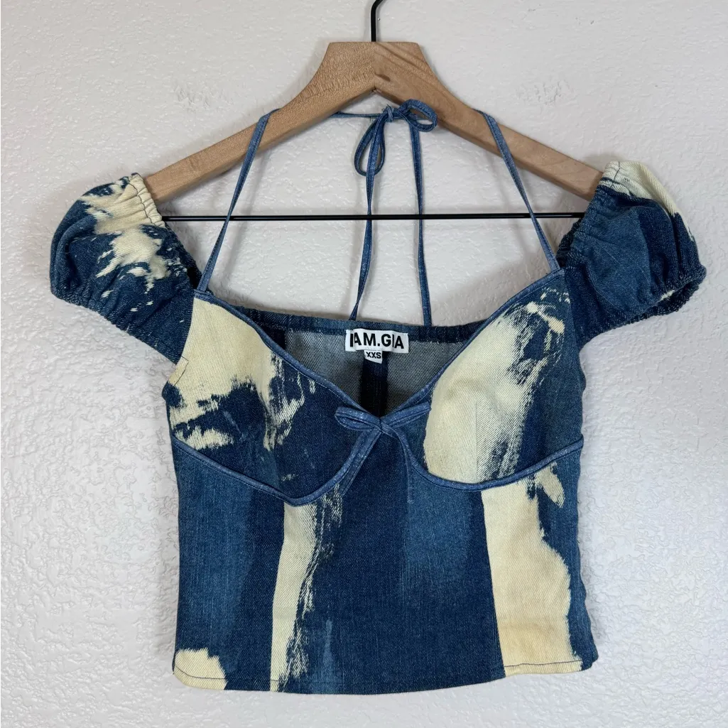 I.Am.Gia Despina Bleached Tie Dye Denim Halter Crop Top size XXS - Image 8