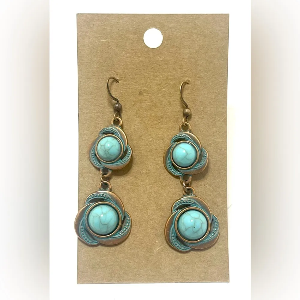 NEW INVENTORY Long Antiqued Copper and Turquoise Patina Earrings.​ - Image 3