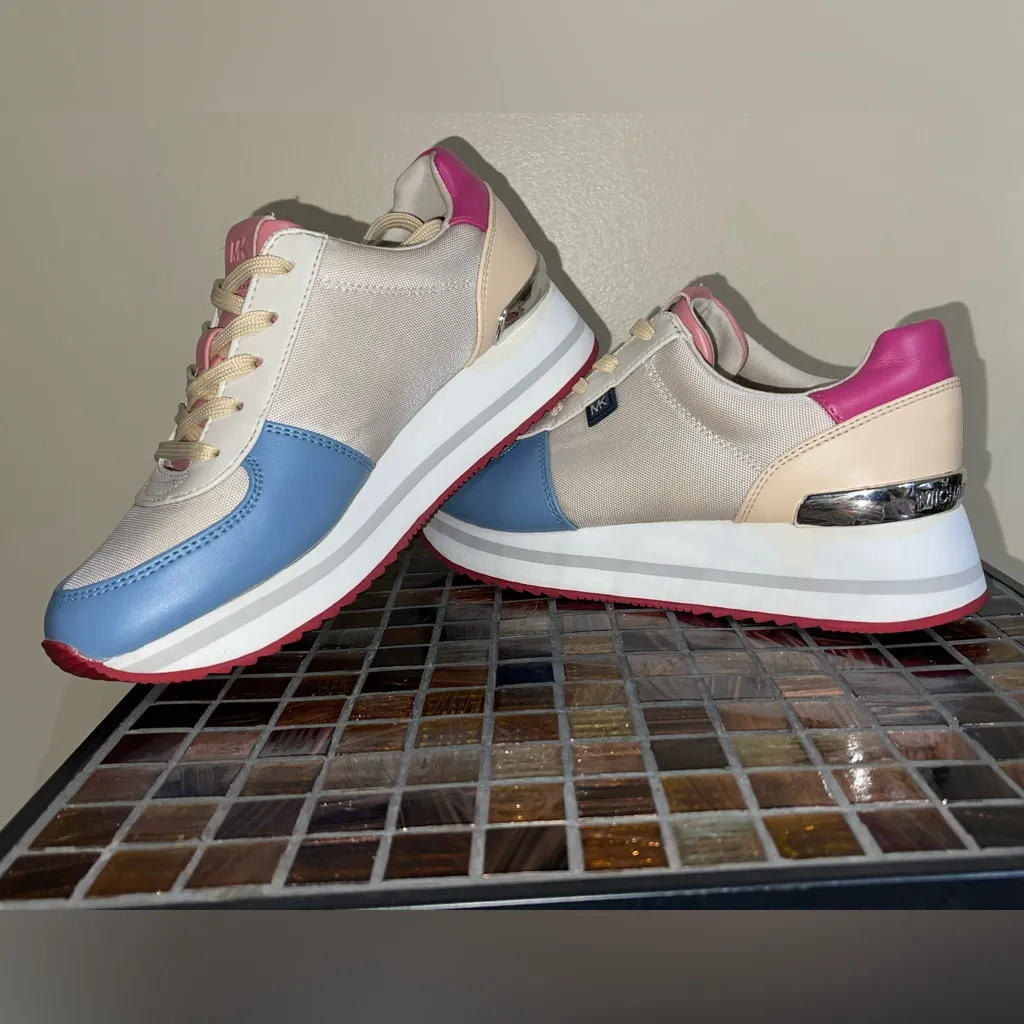 Michael Kors Monique Trainer Lace Up Sneakers MK Logo Light Cream Multi 8 - Image 5