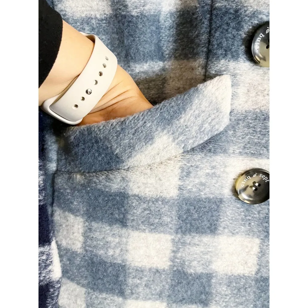 CINQ a SEPT Alix Coat Jacket Plaid Shacket Fringe Trim Steel Blue Multi SM NWT - Image 8