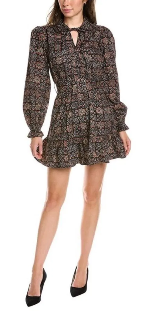 Walter Baker Cassie Black/Brown Boho Mosiac Long Sleeve Ruffle Mini Dress Size 4 - Image 1